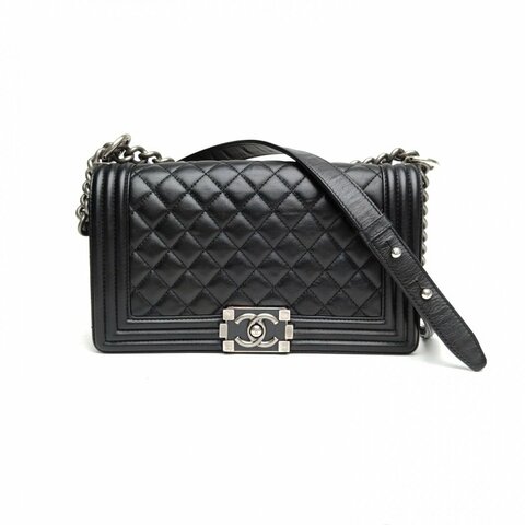 CHANEL Leboy中號黑色牛皮20開黑扣肩背包