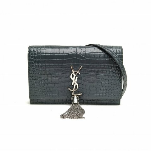 SAINT LAURENT KATEWoc鱷魚壓紋流蘇灰色牛皮銀扣肩背包