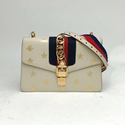GUCCI Sylvie塞爾維亞絲帶包小號蜜蜂星星燙金白色肩背包