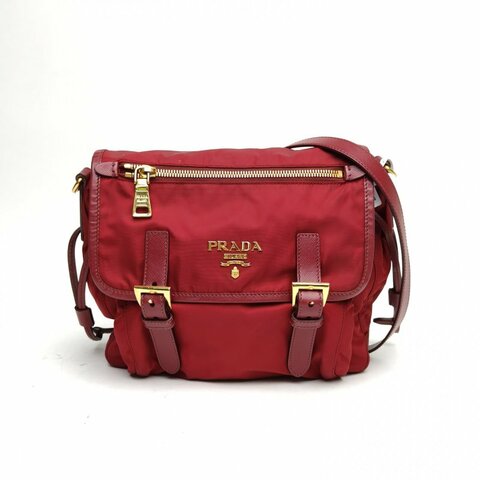 PRADA 紅色尼龍金扣郵差包斜挎包肩背包