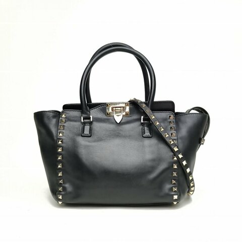 VALENTINO 鉚釘手提托特單肩包小號黑色牛皮金扣肩背包