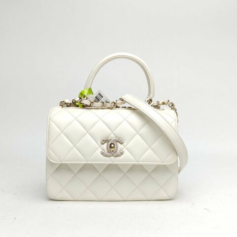 CHANEL 白色羊皮晶片開鑽扣TrendyCC手提風琴包肩背包