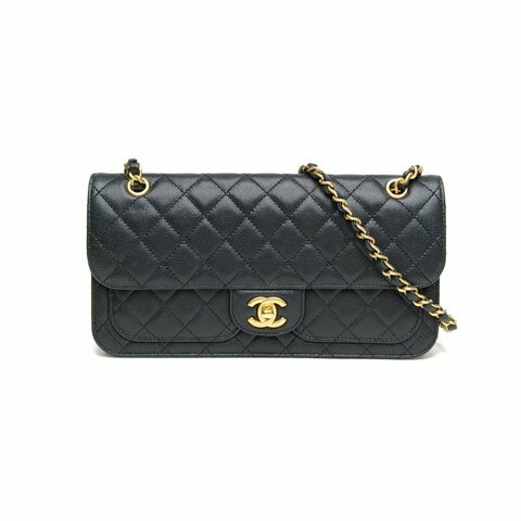 CHANEL 25B雙口袋手提郵差包黑色荔枝牛皮晶片金扣肩背包