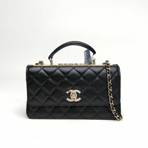 CHANEL 黑色羊皮鐳射標鑽扣TrendyCC手提風琴包肩背包