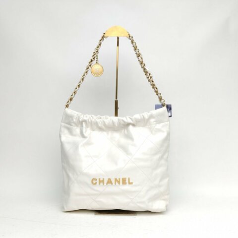 CHANEL 22BagTote托特包小號白色牛皮晶片金扣肩背包