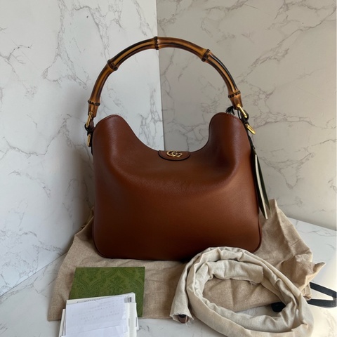 GUCCI Diana棕色竹節手提斜挎單肩包小號23年全套帶吊牌