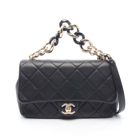 香奈兒 (CHANEL) 絎縫鏈條肩背斜背包，羊皮材質，黑色，金色五金，二手