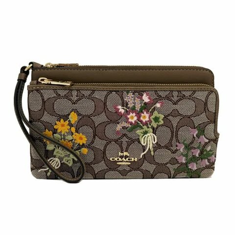 【全新】COACH C LOGO刺繡花卉長夾式雙層大手拿包/零錢包(花卉/焦糖)