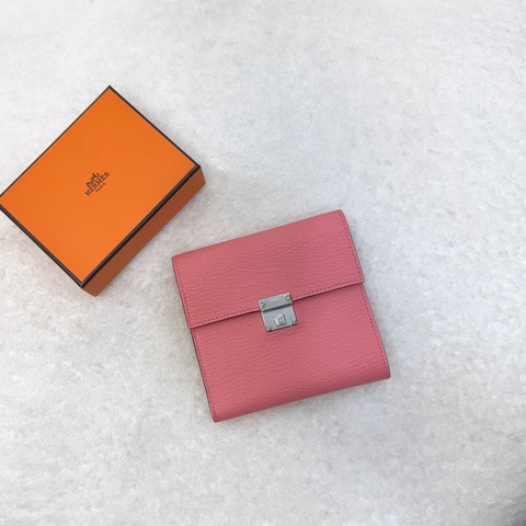 愛馬仕HERMÈS K4玫瑰粉Mysore山羊皮銀釦Clic 12三折短夾