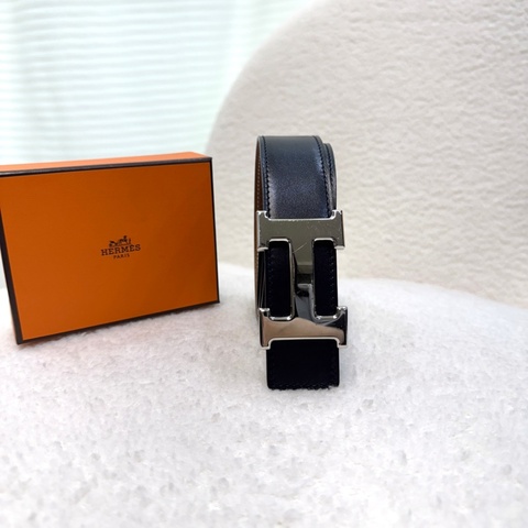 愛馬仕HERMÈS經典黑銀Box皮拼接棕色Togo小牛皮雙面兩用皮帶腰帶H064544CB86