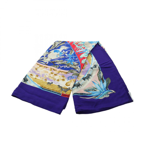 愛馬仕 Carre Geant Carre 140 Tropices 絲巾，絲質羊絨混紡，藍色多色，二手