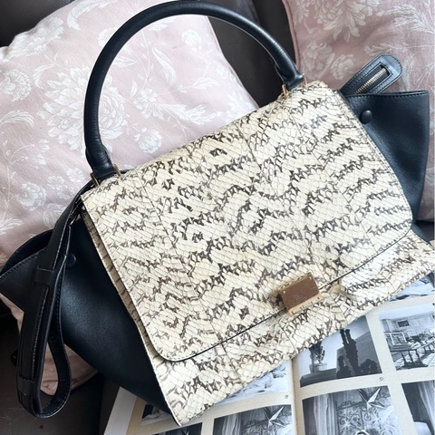 思琳 賽琳 蟒蛇紋 黑白拼色 皮革 斜背包 中古包 復古包  鞦韆包 celine 老花 中古包 側背包 斜背包 斜挎包 celine python trapeze bag black white