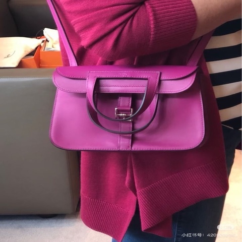 HERMES 玫瑰紫銀扣mini halzan 手提肩背斜背包😍