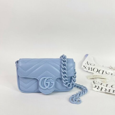 GUCCI GG馬夢絎縫皮革鍊帶腰/肩背包 寶寶藍