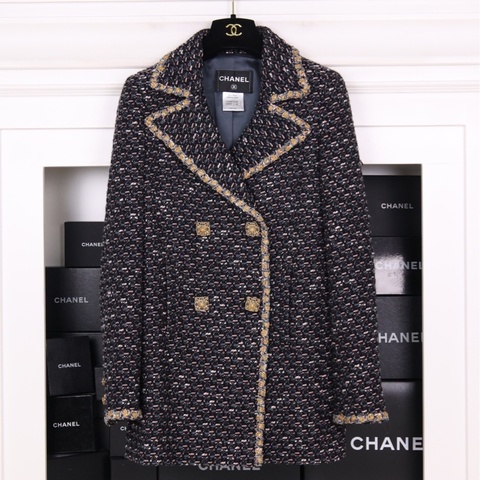 Chanel 11年拜占庭系列蓝黑编织金线滚边双排琉璃扣两口袋大衣外套