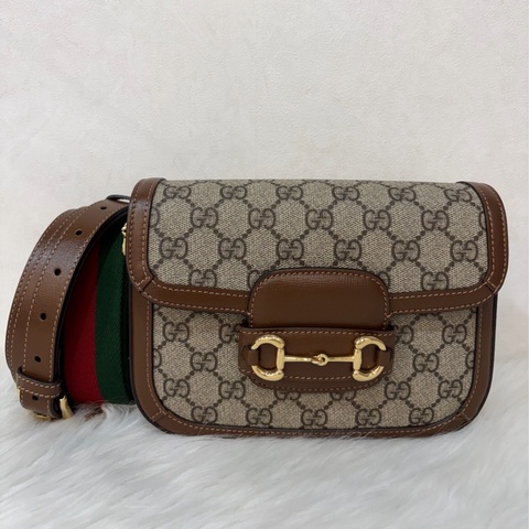 GUCCI 658574 1955 MINI Horsebit 咖啡皮帶綠紅綠織帶 手拿包馬銜包肩背包斜背包