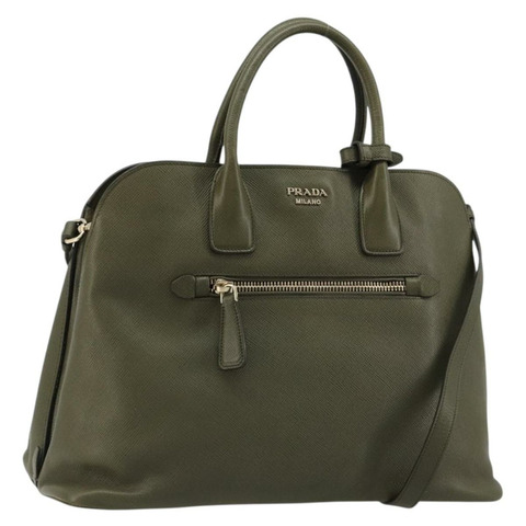 PRADA Cuir Open Promenade Satchel Bag Saffiano 2way Khaki Gold Auth 182976A