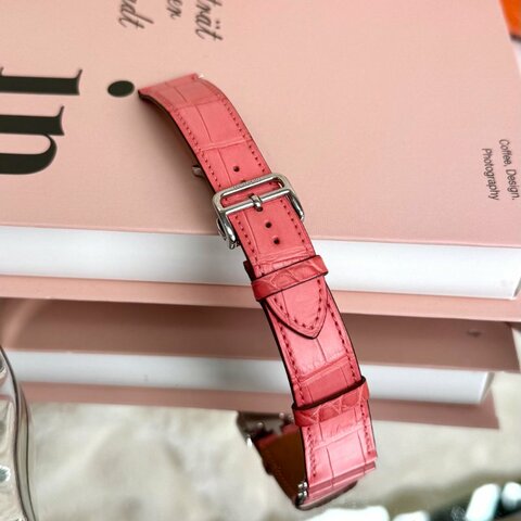 Hermès Heure H皮革錶帶 杜鵑粉鱷魚皮
