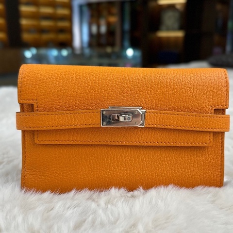 HERMES 愛馬仕 銀扣 Togo皮 錢包 卡包 女款 橘色 框M刻