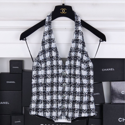 Chanel 23P蓝白格纹琉璃扣挂脖马甲背心上衣