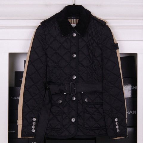 Burberry黑色菱格纹棉服拼接风衣外套