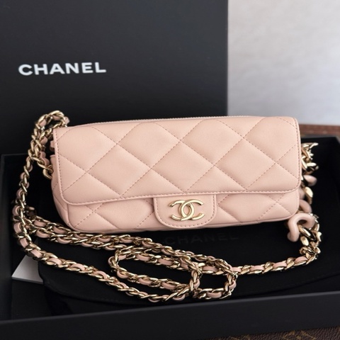 Chanel 香奈兒 22C 粗鏈條二合一woc 單肩斜跨鏈條包 粉色羊皮 淡金扣 31開