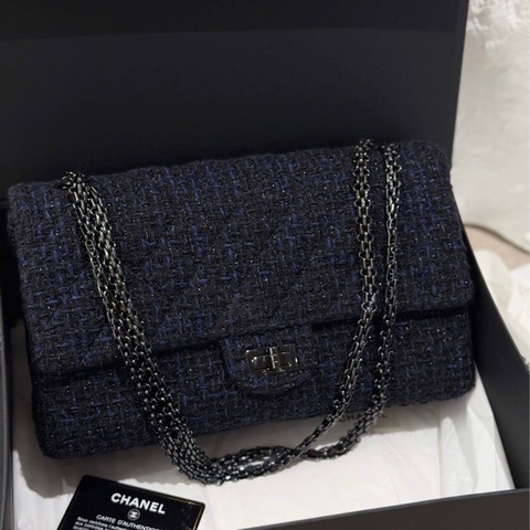 Chanel香奈兒 中號藍拼黑毛呢烏金扣鏈條包  25開