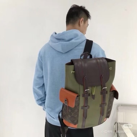 LV Christopher系列水波紋後背包 老花拼橄欖綠 牛皮