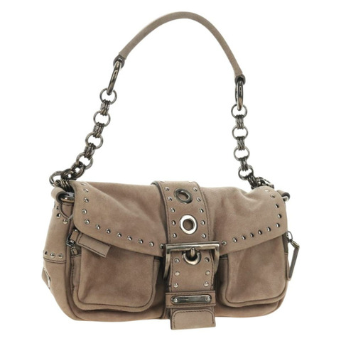 PRADA 鏈條單肩包 麂皮 米色 銀色 正品 184553SAV
