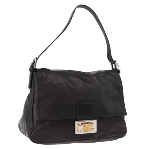 FENDI Mamma Baguette 單肩包，黑色銀色皮革，正品編號 184726SAV