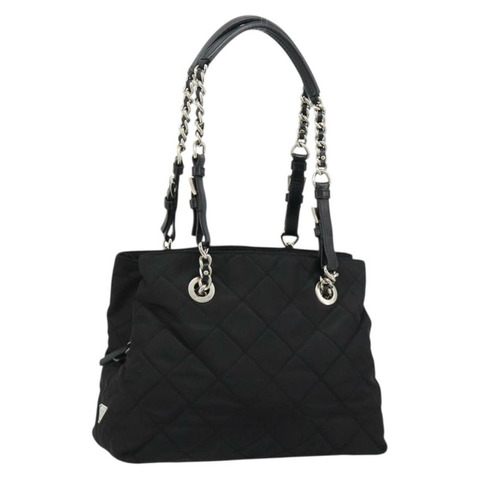 PRADA 尼龍黑色銀色鏈條單肩包 Auth 184635V