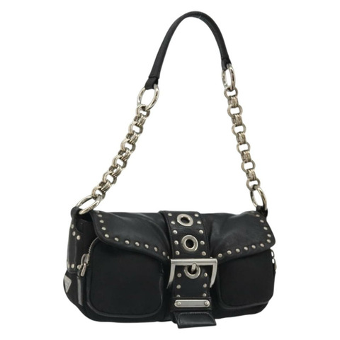 PRADA 鏈條單肩包 皮革 黑色 銀色 正品 184821V