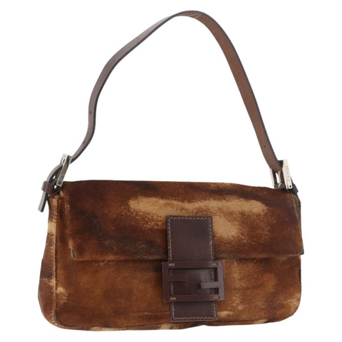 FENDI Mamma Baguette 肩背包 Harako 皮革 棕色 銀色 正品 185431SAV