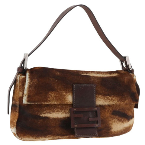 FENDI Mamma Baguette 肩背包 Harako 皮革 棕色 銀色 正品 185377V