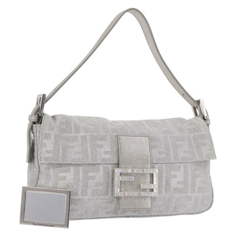 FENDI Zucca 帆布 Mamma Baguette 水鑽肩包 銀色 正品 am11868SM