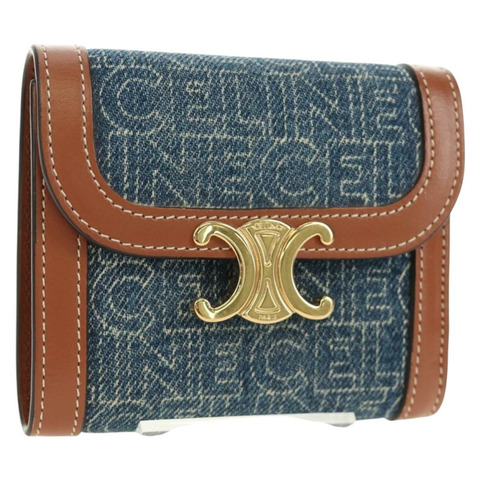 CELINE Triomphe 皮夾 牛仔藍 金色 正品 184693M