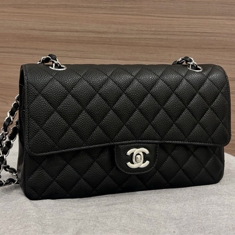 CHANEL Classic Flap Medium 25 黑色荔枝皮銀扣 CF經典中號 全配件