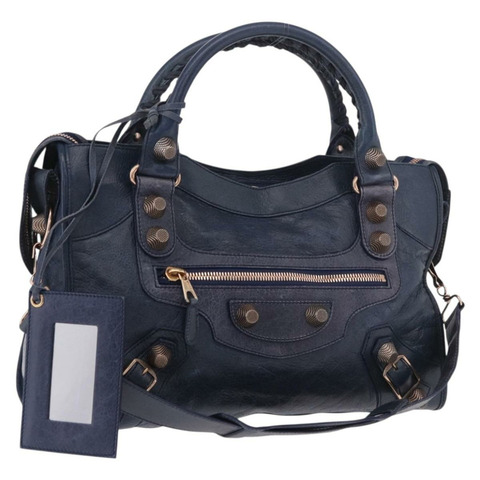 BALENCIAGA Giant City 手提包，皮革材質，兩用，海軍藍/金色，貨號 173084，正品編號 185368SAM