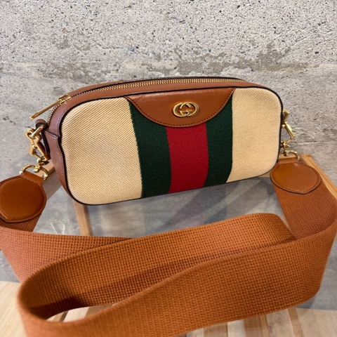 Gucci Vintage Web 復古帆布拼接皮革相機包
