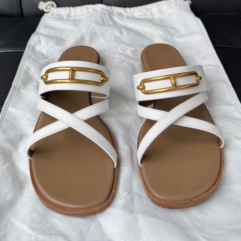 HERMES 愛馬仕 PU白色36碼金屬搭扣一字拖鞋