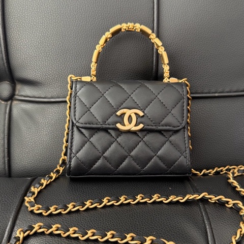 Chanel 香奈兒琺瑯手柄miniKelly/  黑金色牛皮