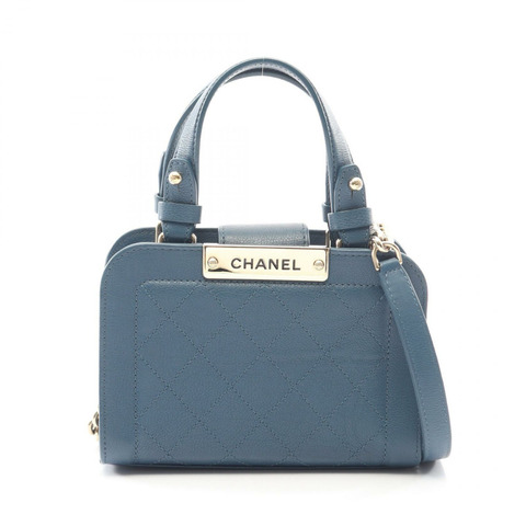 香奈兒 (CHANEL) 絎縫 logo 手提斜背包 A93731 皮革 藍色 二手 金色五金