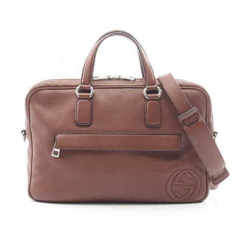 GUCCI 雙G互扣肩斜背包公文包 359266 皮革 棕色 二手