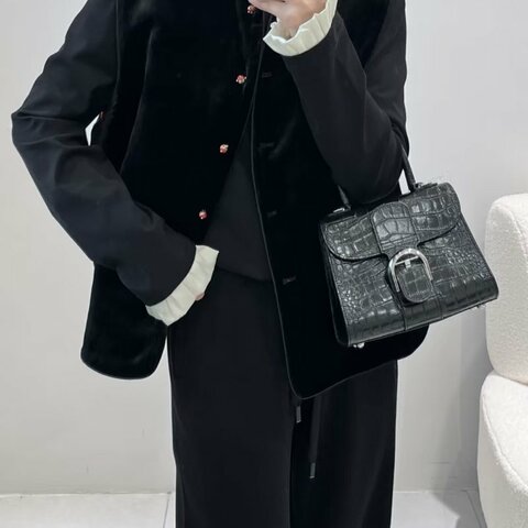 DELVAUX 黑銀Brilliant mini 鱷魚皮手提斜背包 20*15*10 99新配件塵袋 鏡子