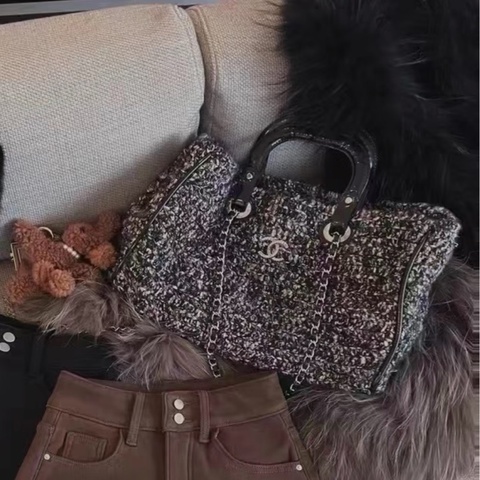 「JL精品代購」95新 Chanel香奈兒黑銀斜紋軟呢拼漆皮2Way背包