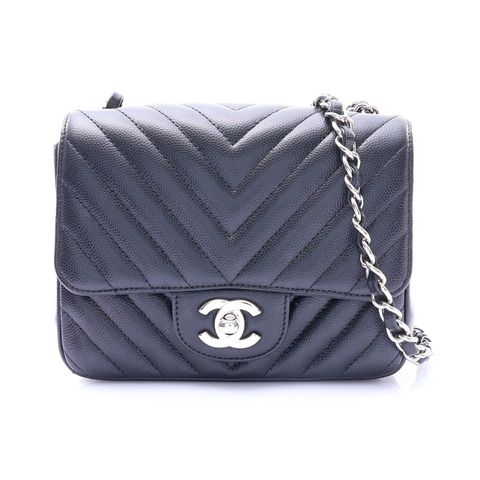 黑色 山形紋 牛皮 Mini Square Flap 鍊帶 肩背包 無卡【CHANEL 香奈兒】 A35200