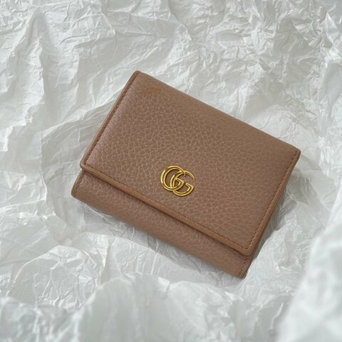 GUCCI GG MARMONT 杏色 荔枝皮雙層零錢袋三折短夾