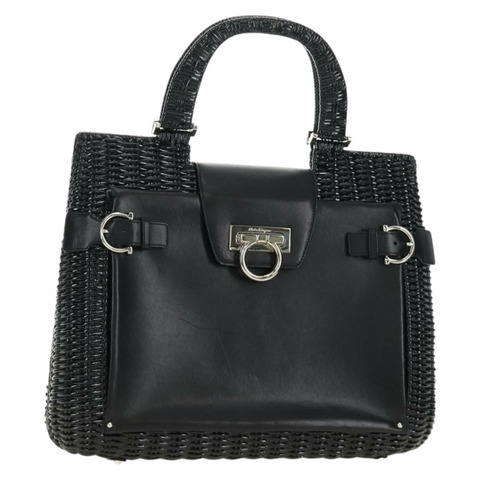 Salvatore Ferragamo Gancini 手提包 藤編 黑色 銀色 正品 184711V