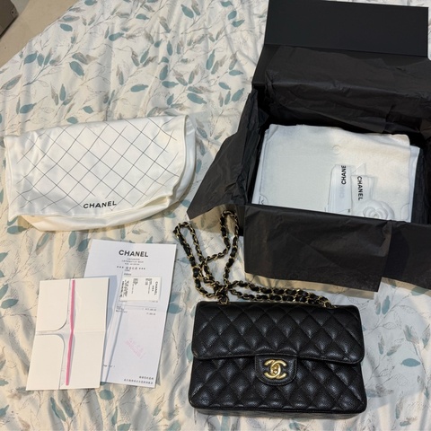 99新 香奈兒/Chanel 黑金CF小號荔枝紋牛皮鏈條包口蓋包