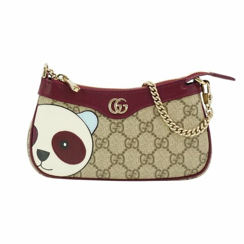 Gucci 展示品 GG Supreme 帆布熊貓圖案手提/肩背包(818763-酒紅)